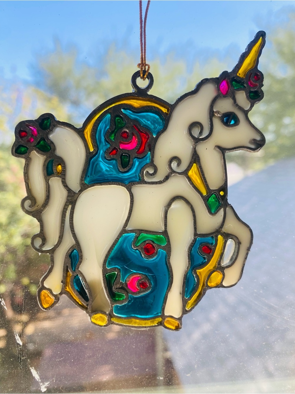 1990 Kurt Adler 6” Stained Glass Ornament Suncatcher with Teal and Gold Accents